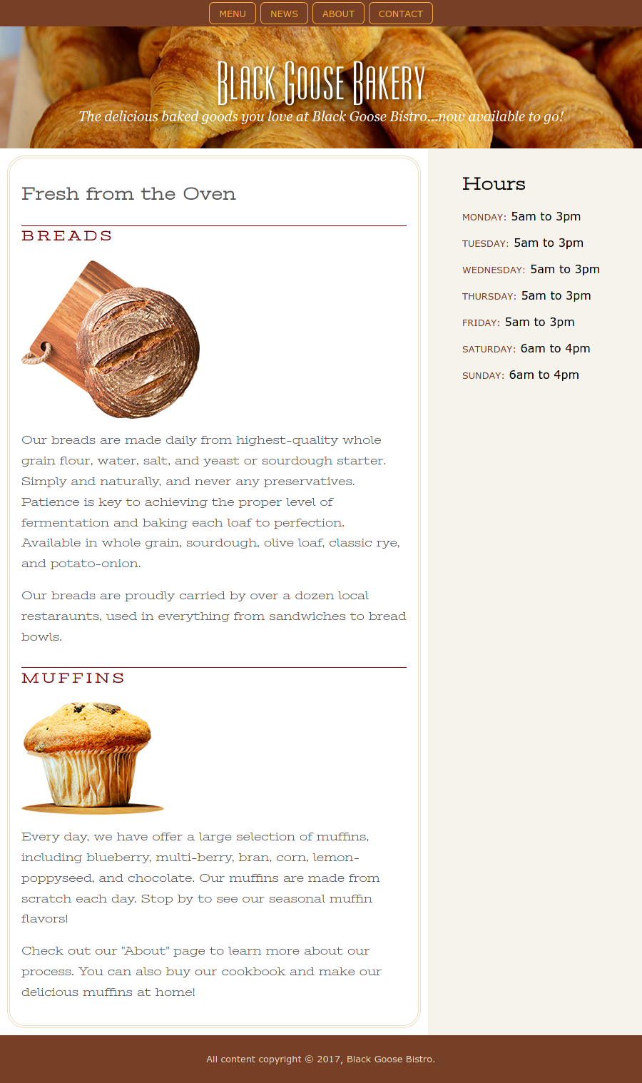 wider screen design for Black Goose Bakery