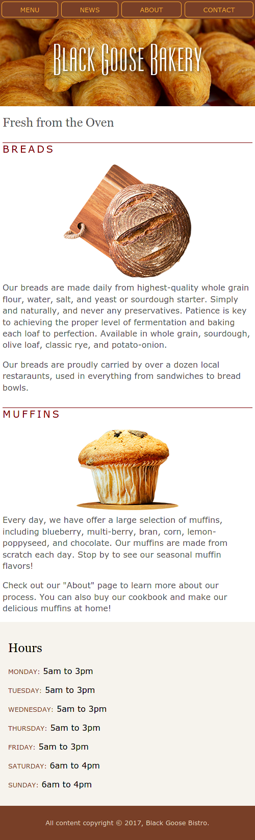 narrow screen design for Black Goose Bakery