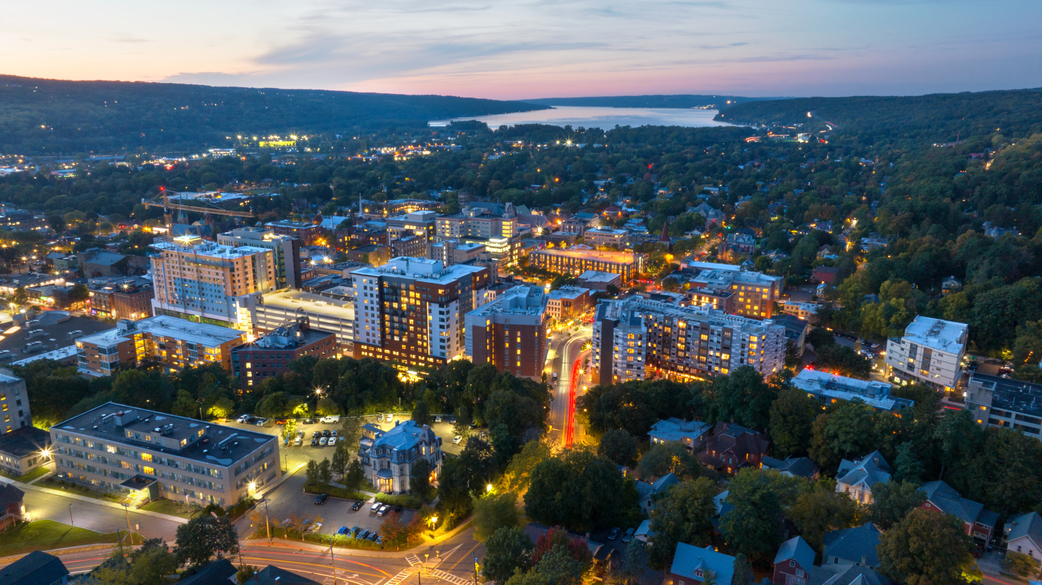 Downtown Ithaca with a view of Cayuga Lake