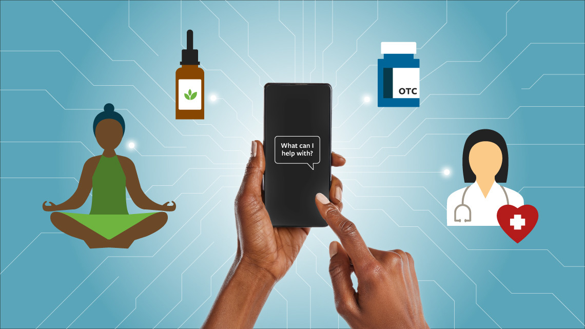 A color graphic showing hands using a cell phone, with different icons around it.