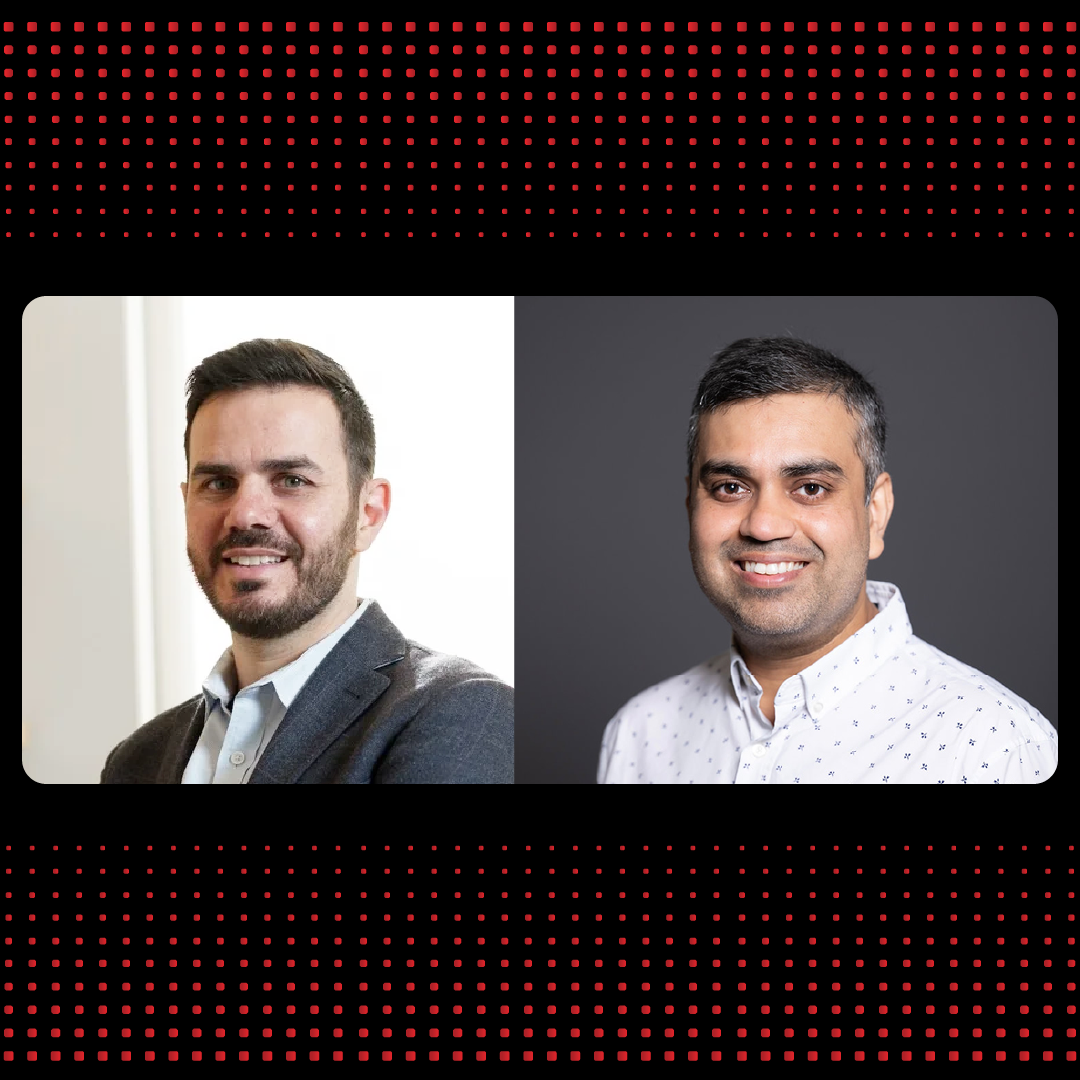 A color graphic with photos of 2 men in the center of the image, with red pixels above and below the photos.