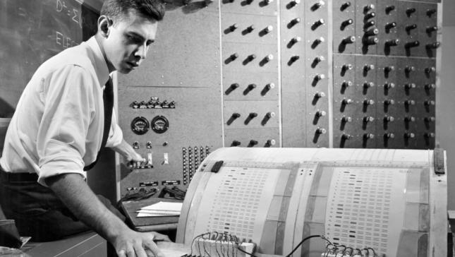 Division of Rare and Manuscript Collections Frank Rosenblatt ’50, Ph.D. ’56, works on the “electronic profile analyzing computer” – a precursor to the perceptron.