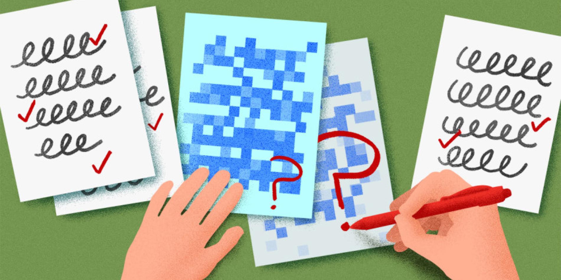 Illustration of college exams being graded with red pen