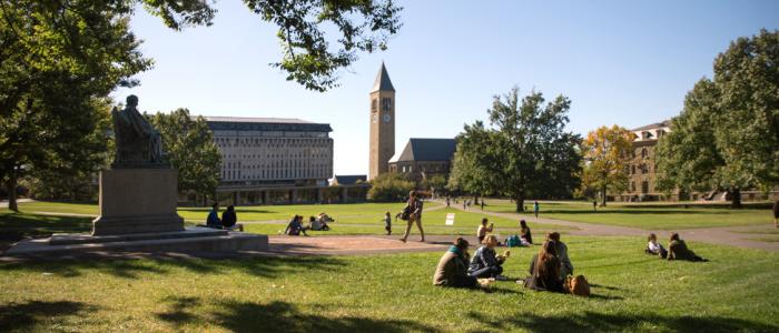 Students sit on a green quad surrounded by stone buildings