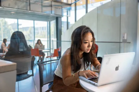 A color photo of a woman working at a laptop in Gates Hall.