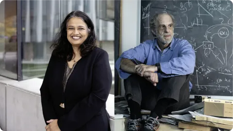 2 photos. One of a woman outdoors and the other of a man sitting on a cluttered desk in front of a chalkboard. 