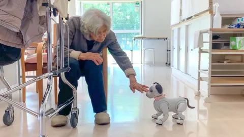 A woman greets a donated Sony aibo social robot at a senior care facility in Japan’s Hokkaido region.