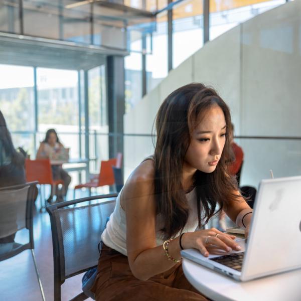A color photo of a woman working at a laptop in Gates Hall.