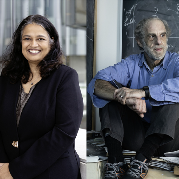 2 photos. One of a woman outdoors and the other of a man sitting on a cluttered desk in front of a chalkboard. 