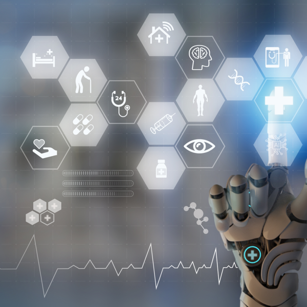 A robotic hand selects a health icon on a honeycomb projected screen