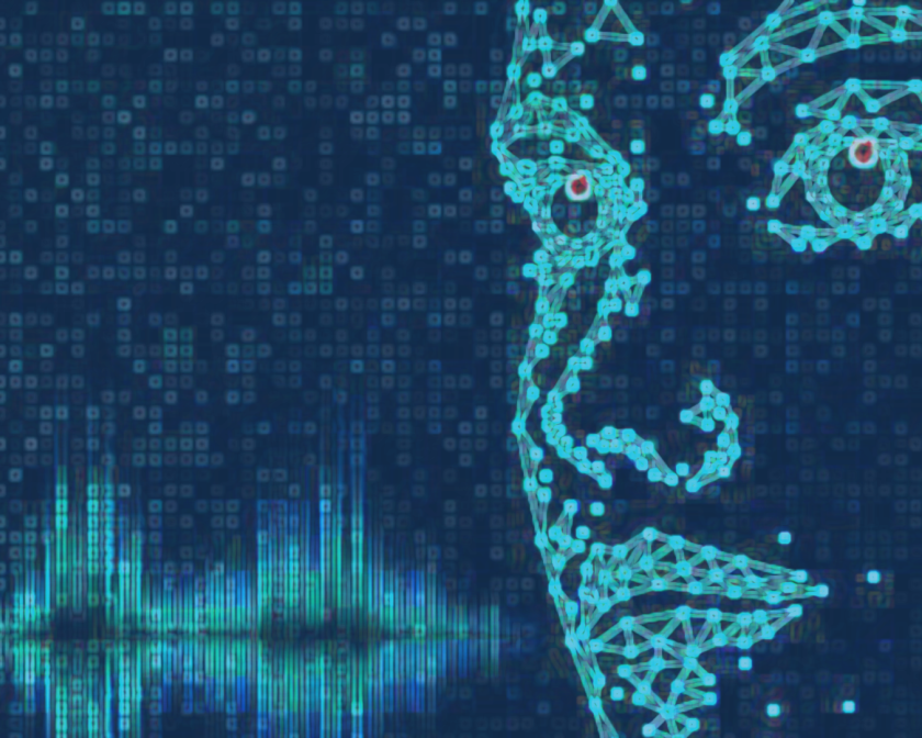 light blue and dark blue pixelated soundwaves move to a face outline on the right