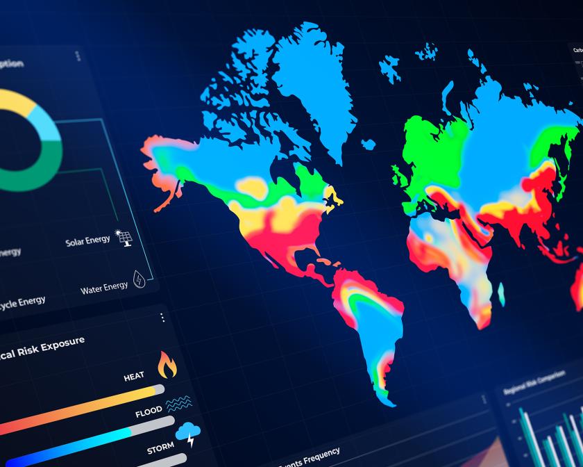A colorful world map display showing temperature fluctuations with graphs. Shutterstock