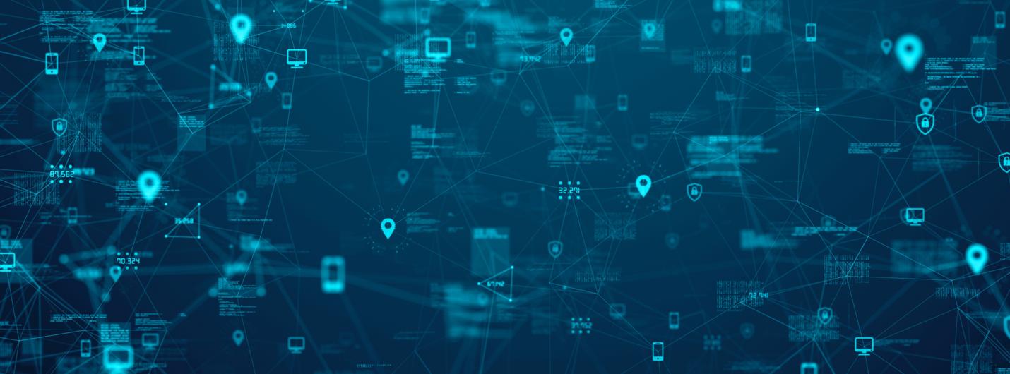 a light teal background with line networks interconnecting symbols of pin drops and phones