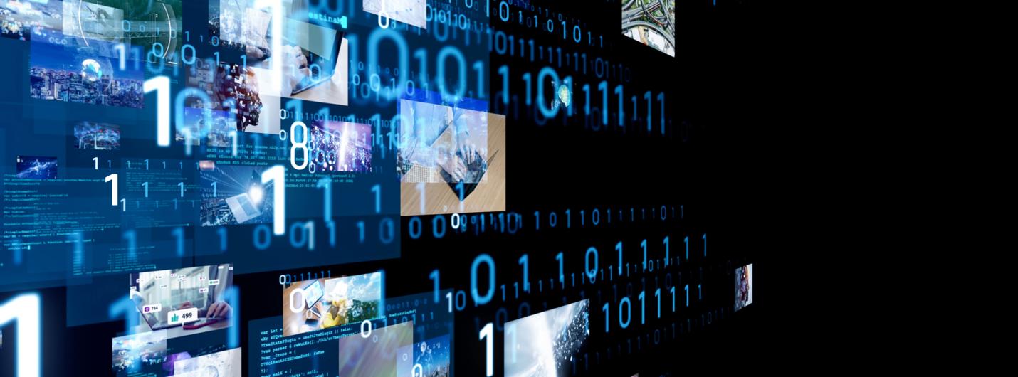 overlapping data points, numbers, photos on a black screen