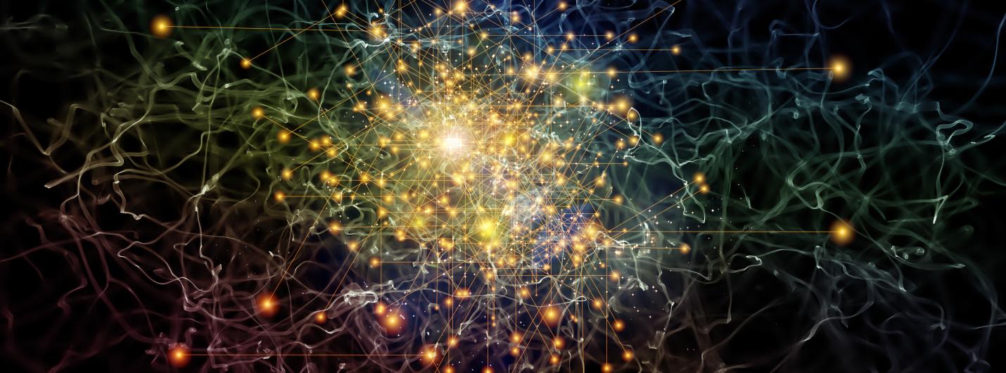 yellow colored lines and networks form a cloud on a dark background