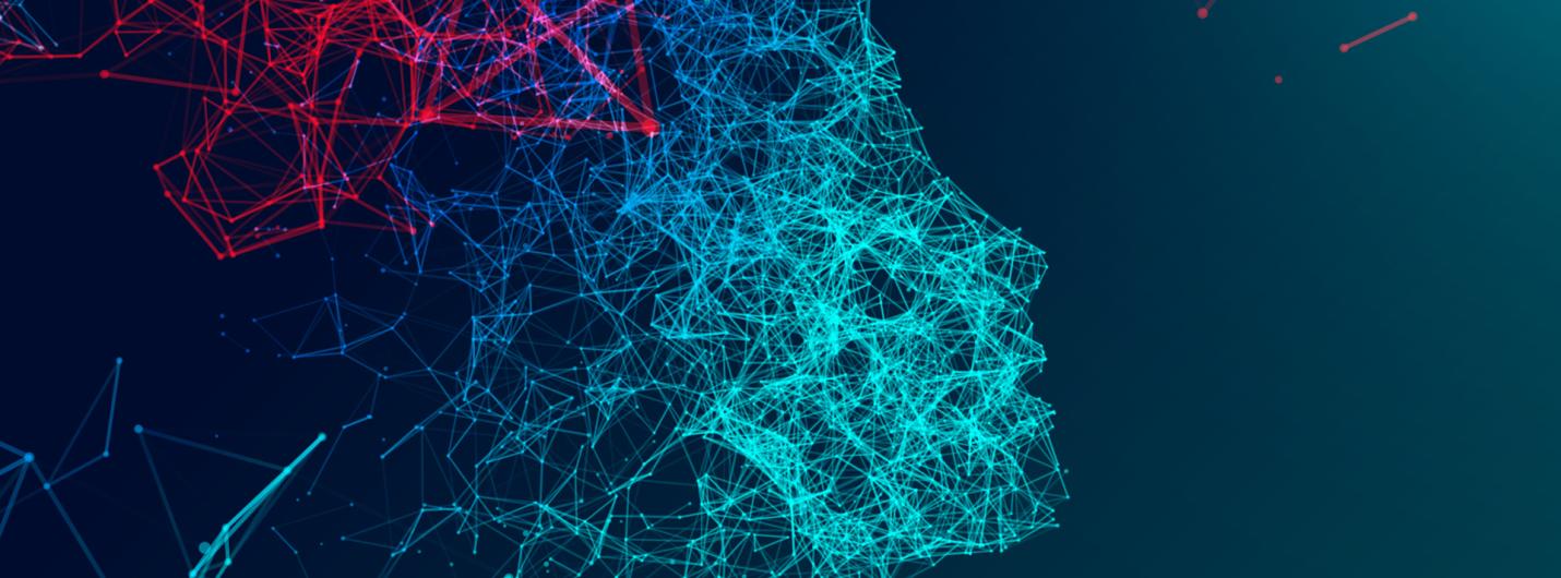 light tea, blue, pink colored networks intersect to form the shape of a human head