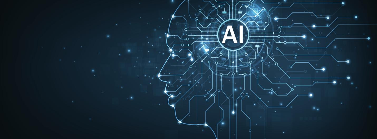 a light blue outline of human face with AI in the center surrounded by interconnected network lines and dots